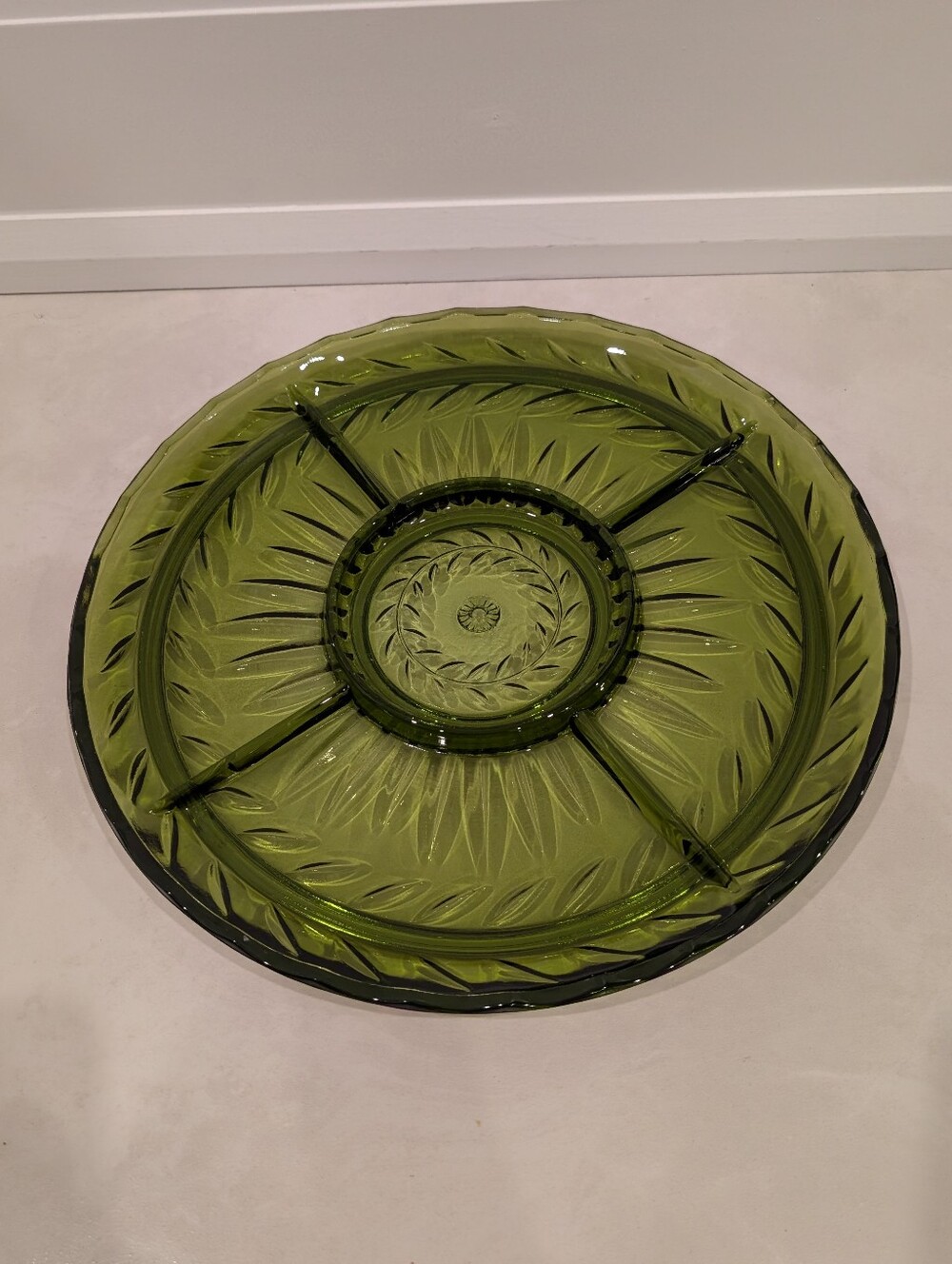Vintage Indiana Glass Avocado Green Divided Relish Tray Platter MCM 13"